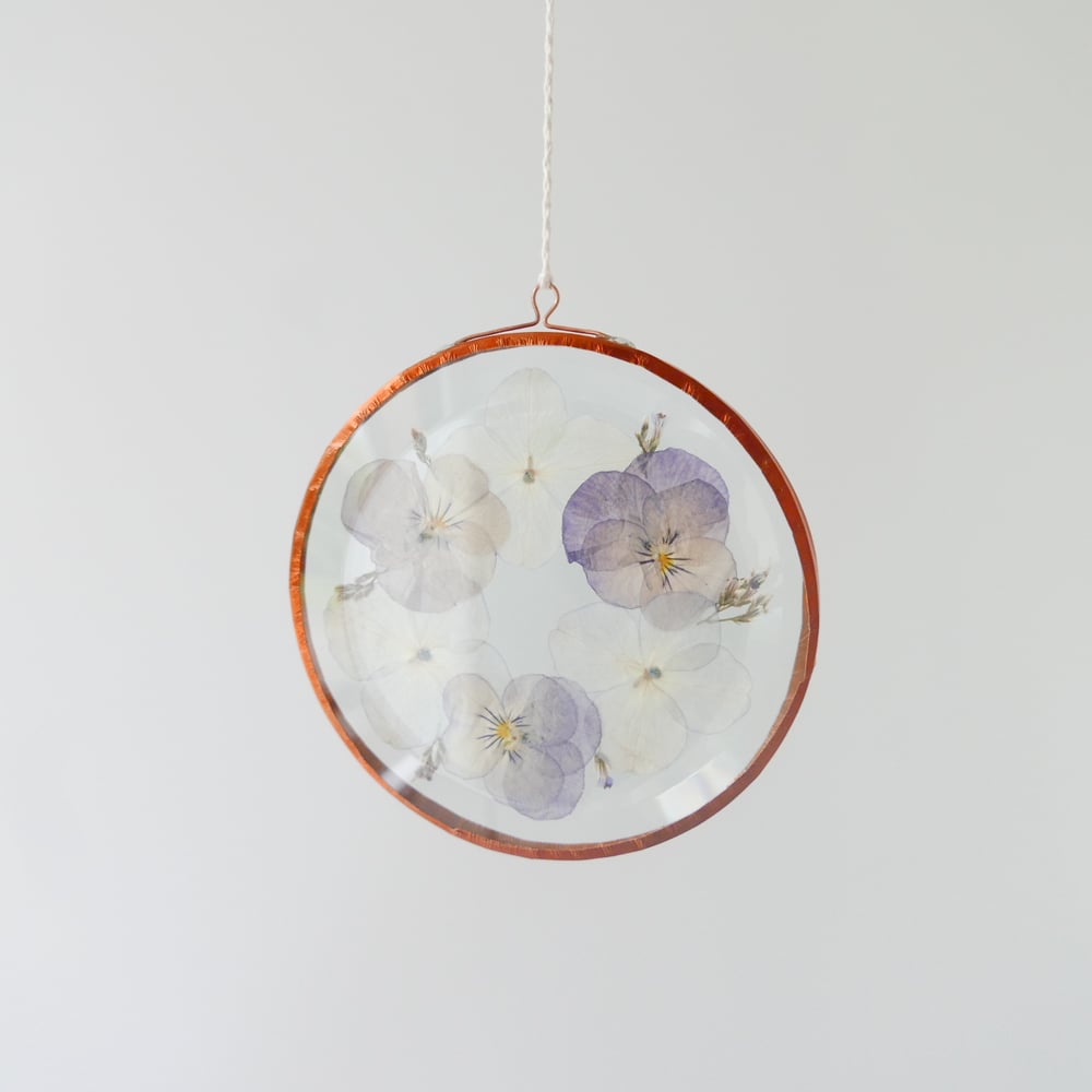 Image of Pressed Flower Suncatcher Viola and Hydrangea Wreath