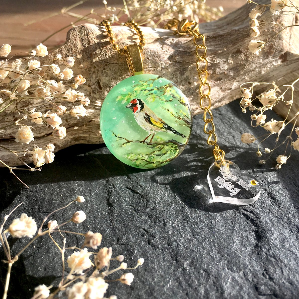 Mystical Forest Resin Crystal Necklace Goldfinch Resin Pendant