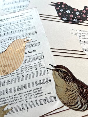 Image of A chime of wrens sing to comfort the weeping trees. - one of a kind collage