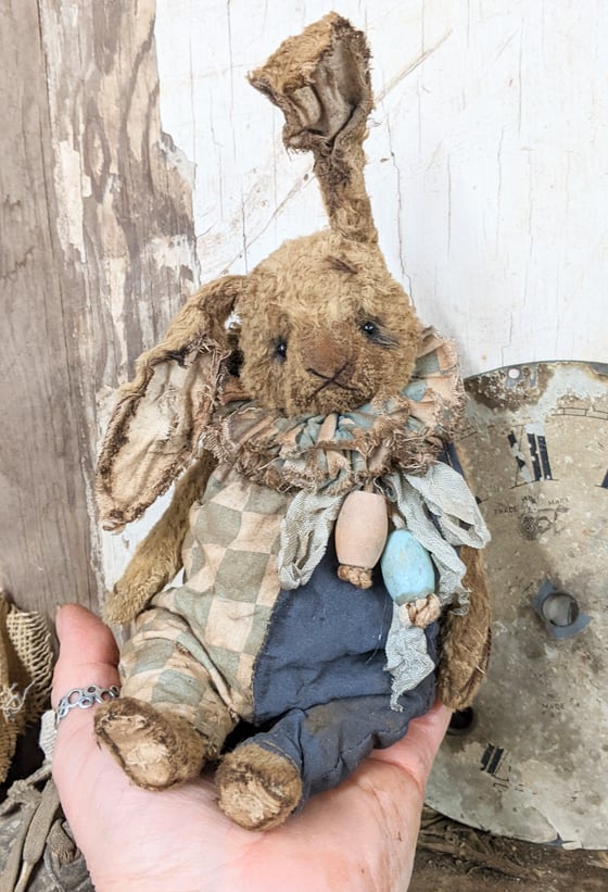 Image of 7" (10" incl ears)  Vintage Fat Toy Rabbit in distressed romper by Whendi's Bears