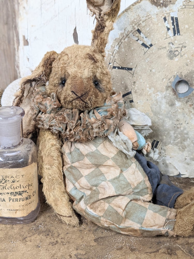 Image of 7" (10" incl ears)  Vintage Fat Toy Rabbit in distressed romper by Whendi's Bears
