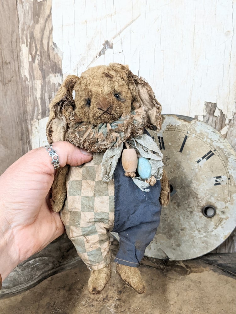 Image of 7" (10" incl ears)  Vintage Fat Toy Rabbit in distressed romper by Whendi's Bears