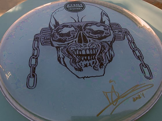 Image of Megadeth Vic Drumhead - illustrated and signed by Dirk