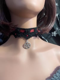 Image 1 of Witch in Red Choker – With Silver Pentacle Pendant