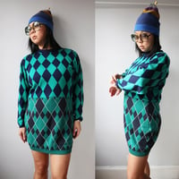 Image 3 of argyle plaid green navy blue courtneycourtney adult L large longsleeve pullover mini sweater dress