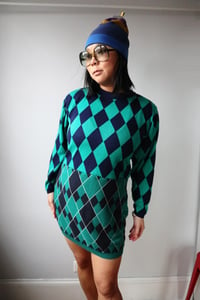 Image 1 of argyle plaid green navy blue courtneycourtney adult L large longsleeve pullover mini sweater dress