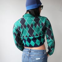 Image 2 of argyle plaid green blue courtneycourtney adult m/l medium large long sleeve collared cropped sweater