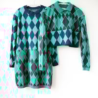 Image 4 of argyle plaid green blue courtneycourtney adult m/l medium large long sleeve collared cropped sweater