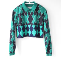 Image 1 of argyle plaid green blue courtneycourtney adult m/l medium large long sleeve collared cropped sweater