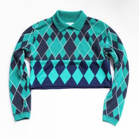 Image 3 of argyle plaid green blue courtneycourtney adult m/l medium large long sleeve collared cropped sweater