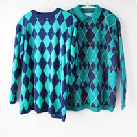 Image 5 of argyle plaid green blue courtneycourtney adult m/l medium large long sleeve collared cropped sweater