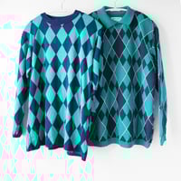 Image 5 of argyle plaid green blue courtneycourtney adult m/l medium large long sleeve collared cropped sweater