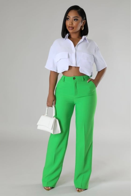 Image of green straight leg pants
