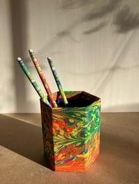 Image 1 of Red, Green & Yellow Hand-Marbled Pencil Pot