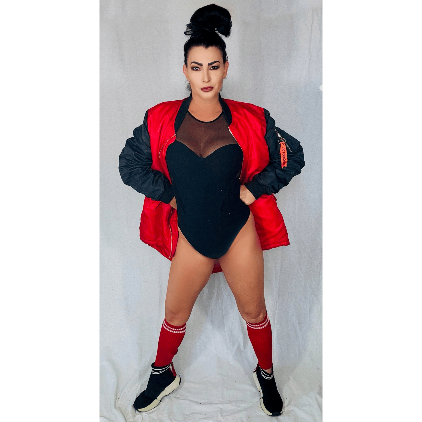 Worn Victorious Jacket, Mesh Thong Bodysuit, DNKY Sneakers & Red Socks +  Free Signed 8x10