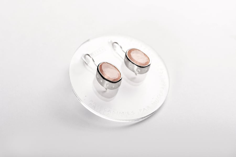 Image of "With each other let's enjoy love" silver earrings with rose quartz  · INTER NOS LAETEMUR.. ·