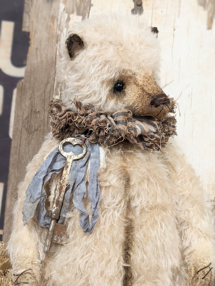 Image of 12.5" - BIGGY  Vintage Shabby Cream Teddy Bear with antique skeleton key- By Whendi's Bears