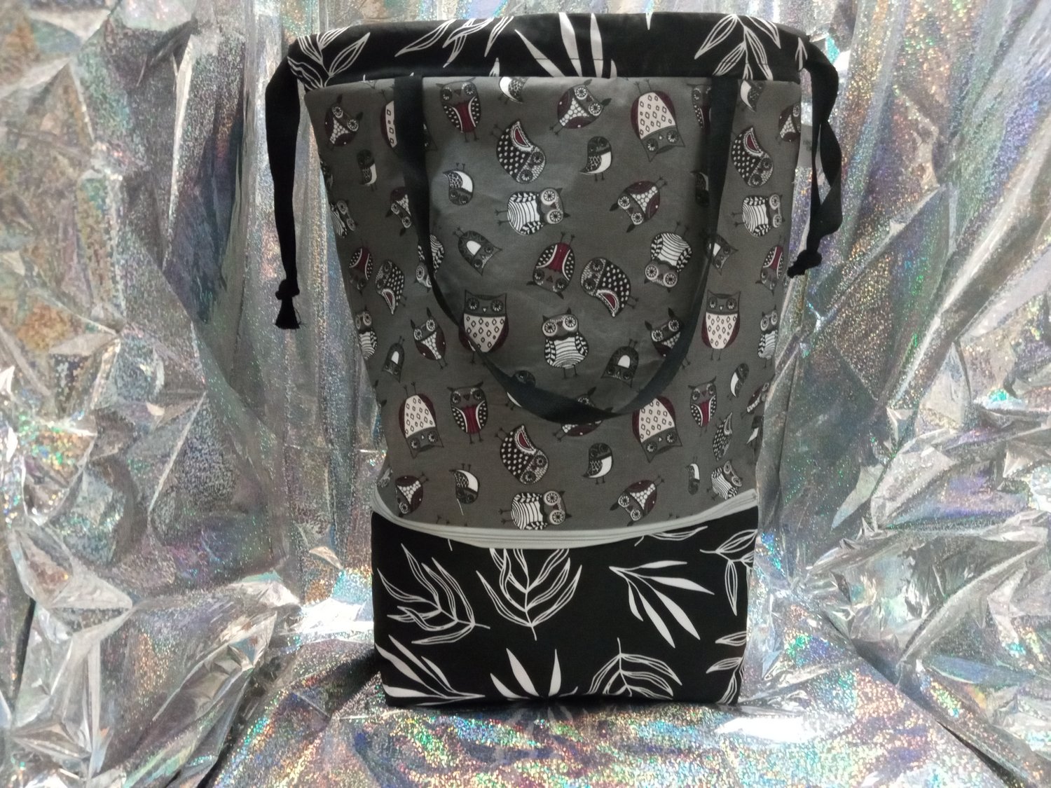 Image of Whimsical Grey Owl Medium Double Decker Project Bag