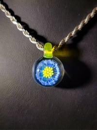 Image 2 of Blue daisy  flower pendant, layered color pedals with yellow opal pollin dots & bale.