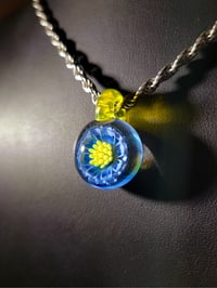 Image 3 of Blue daisy  flower pendant, layered color pedals with yellow opal pollin dots & bale.