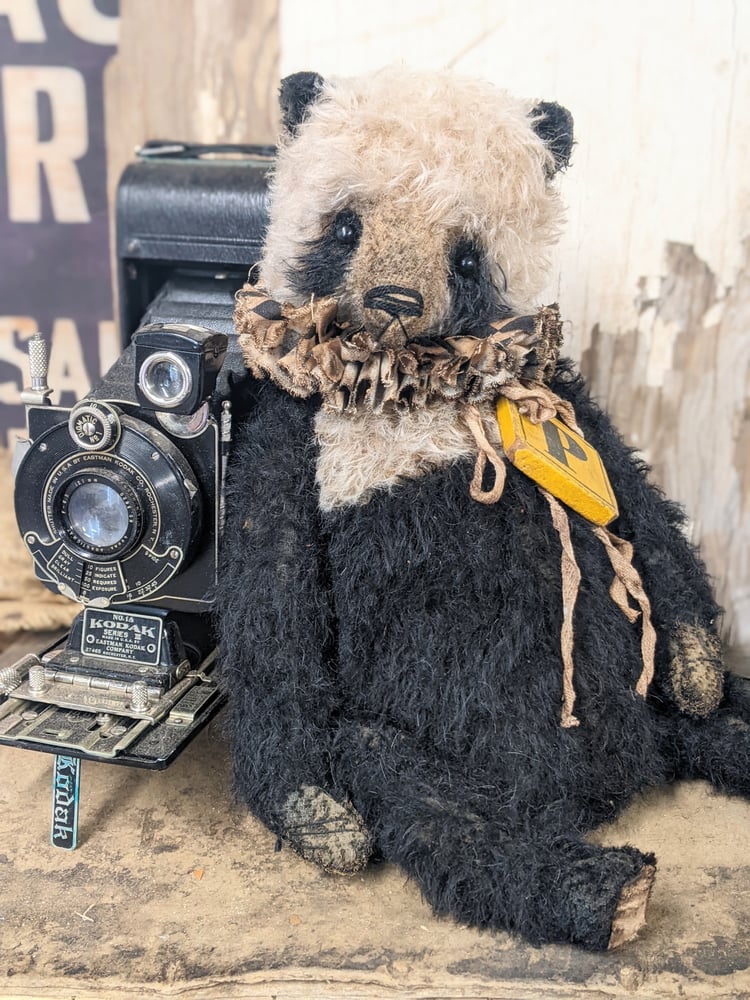 Image of "P" is for PANDA -12.5" -BIGGY  Vintage Black&Cream PANDA  Bear w/ antique Block - By Whendi's Bears
