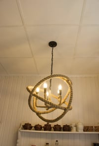 Image 3 of Large round burlap rope chandelier in loft style
