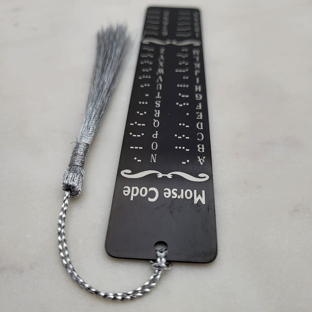 Image of Morse Code Gifts - Decode a Morse code with Morsecode Chart Bookmark in Black Metal Color