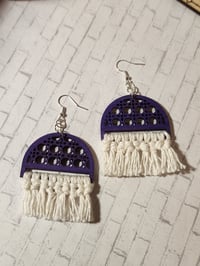 Image 4 of Purple Half Circle Cutout Macramé Tassel Dangle Earrings