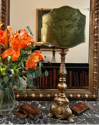Image 1 of Très grande lampe pique cierge en bronze doré abat jour écran italien tissu Pierre frey 