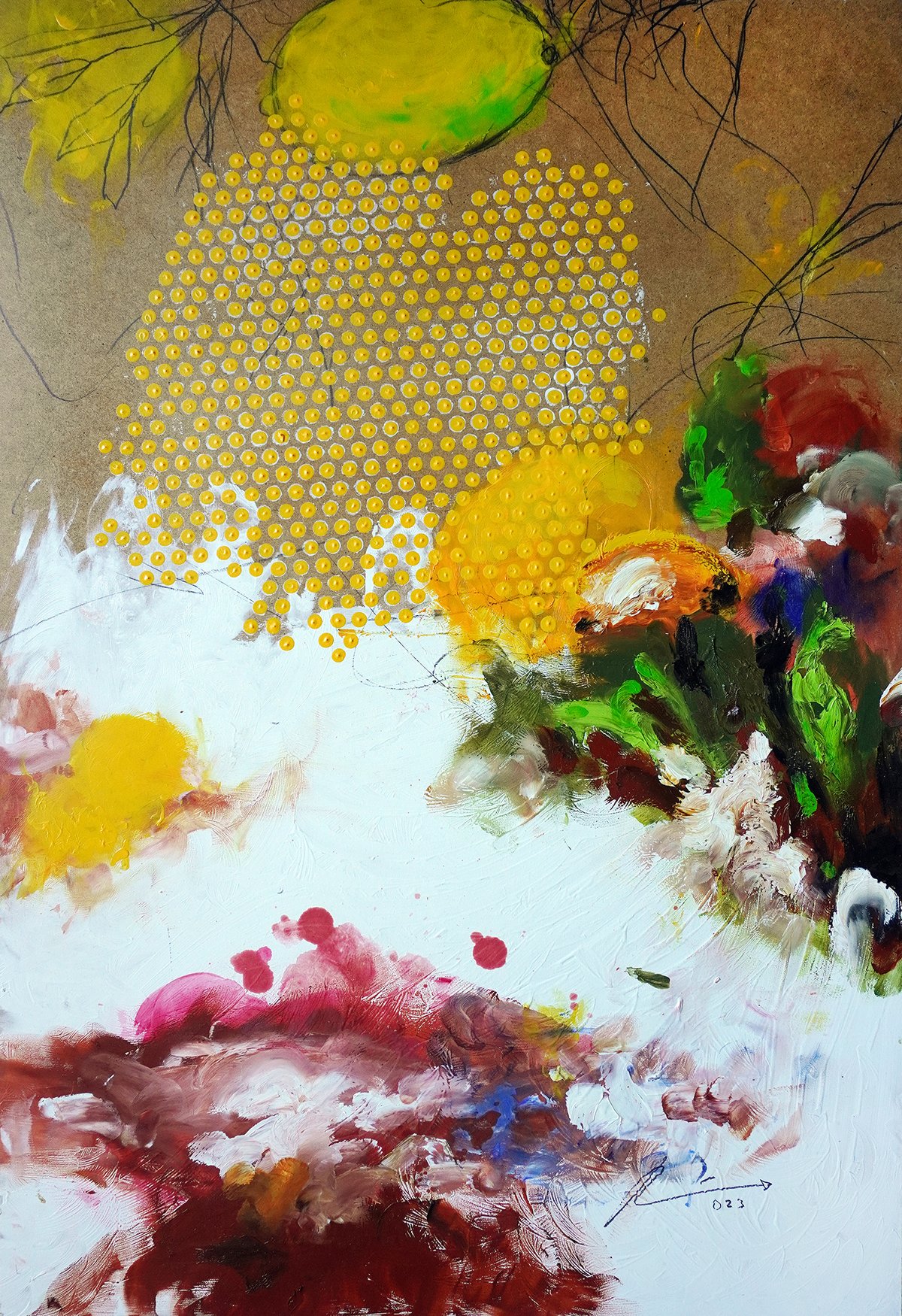 Image of Paisaje imposible. Limones 1. Pintura mixta sobre madera. 71x47 cm.