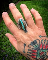 Image 4 of WL&A Handmade Heavy Ingot Black Jack Ribbon Thunderbird Ring - Size 13