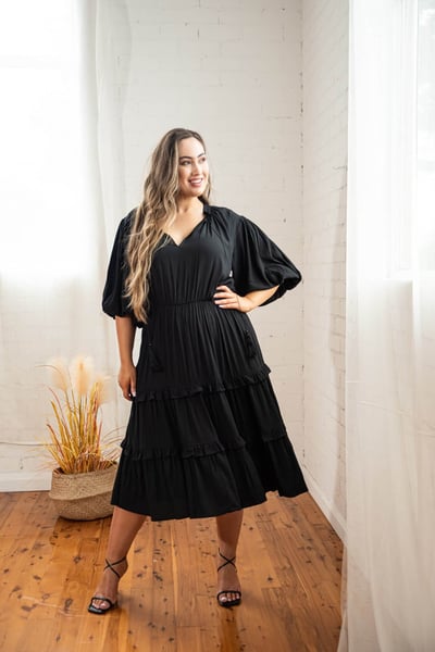 Image of Scarlett Tiered Midi Dress. Black. By Dani Marie the Label.
