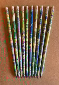 Image 1 of Pair of Hand-Marbled HB Wooden pencils with Eraser- Imbolc/ Snowdrop
