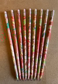 Image 1 of Pair of Hand-Marbled HB Wooden Pencils with Eraser- Bright Pink, Red & Green