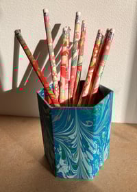 Image 2 of Pair of Hand-Marbled HB Wooden Pencils with Eraser- Bright Pink, Red & Green