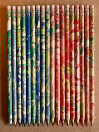 Image 3 of Pair of Hand-Marbled HB Wooden Pencils with Eraser- Bright Pink, Red & Green