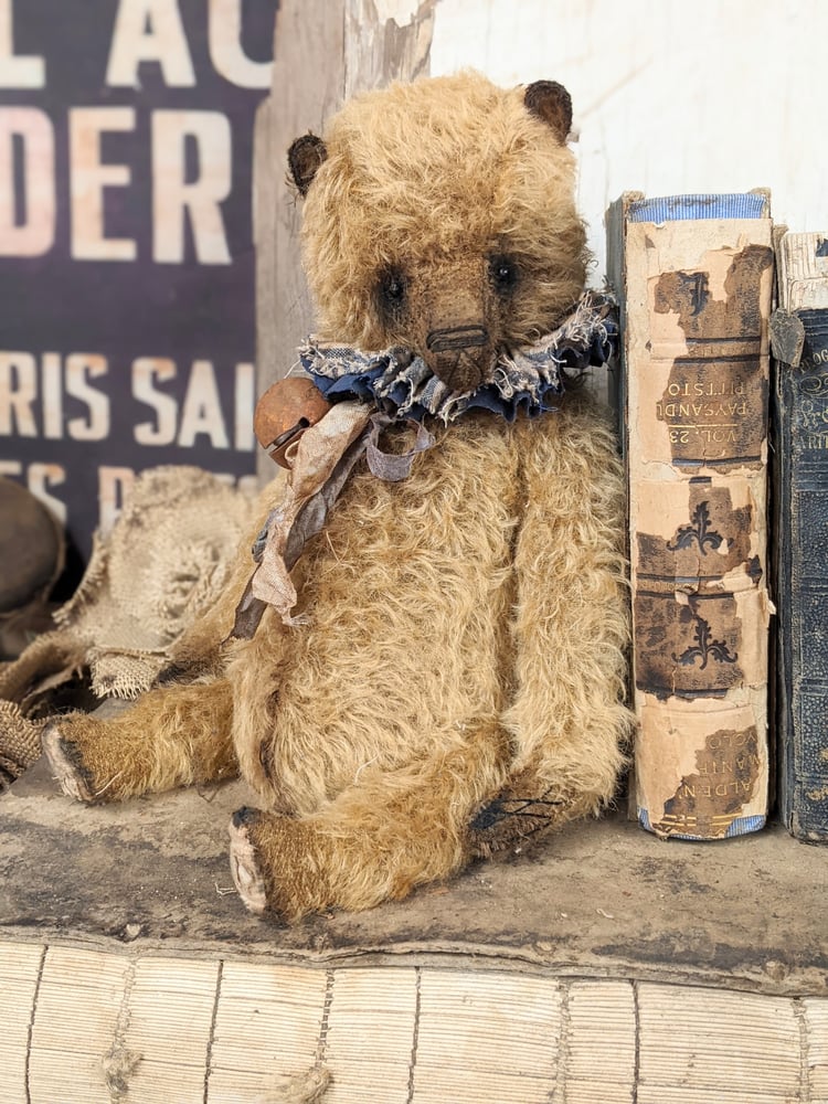 Image of 12.5" - BIGGY  Vintage Old Mohair Teddy Bear with ruff & rusty bell- By Whendi's Bears
