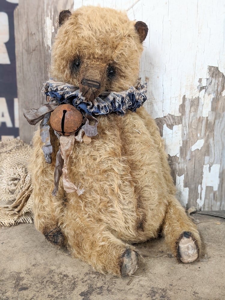 Image of 12.5" - BIGGY  Vintage Old Mohair Teddy Bear with ruff & rusty bell- By Whendi's Bears