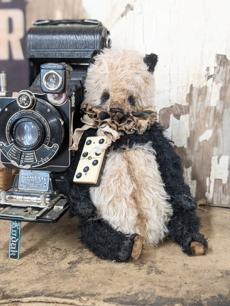 Image of PANDA -9" -Vintage Black&Cream PANDA  Bear w/ antique Domino - By Whendi's Bears