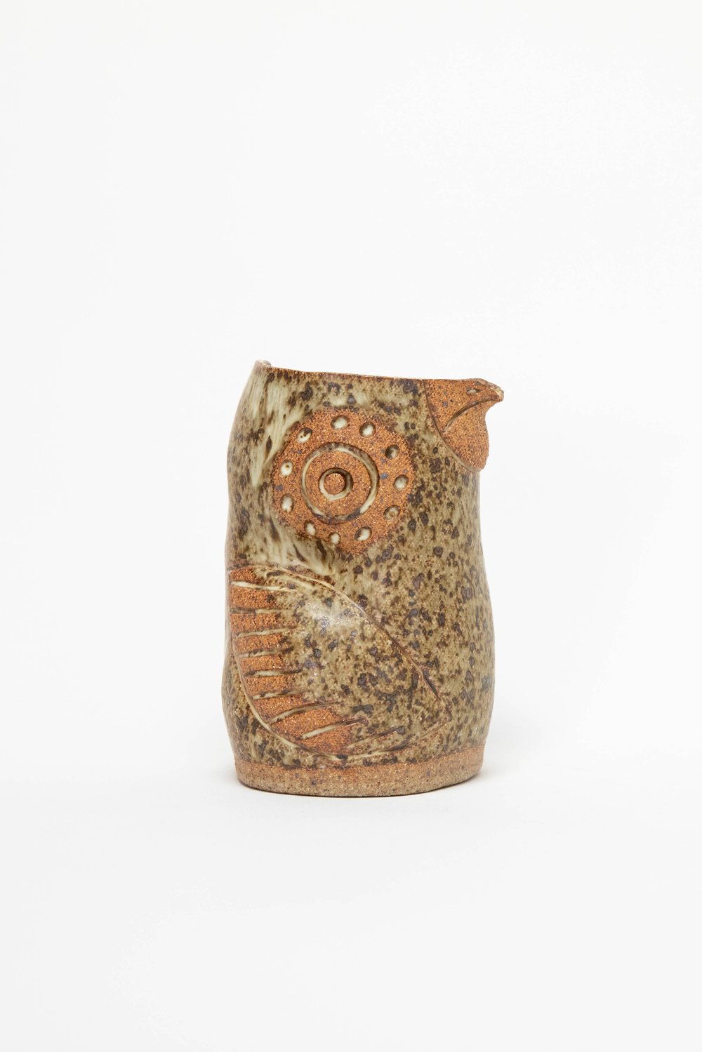 Image of Medium Olive Speckled Flying Dotted Owl Handleless Pitcher