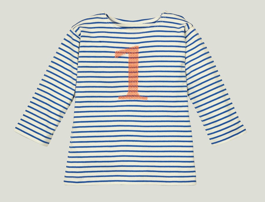 Image of NEU Geburtstags-Shirt blau gestreift mit neon orange Zahl (O) Art.266326