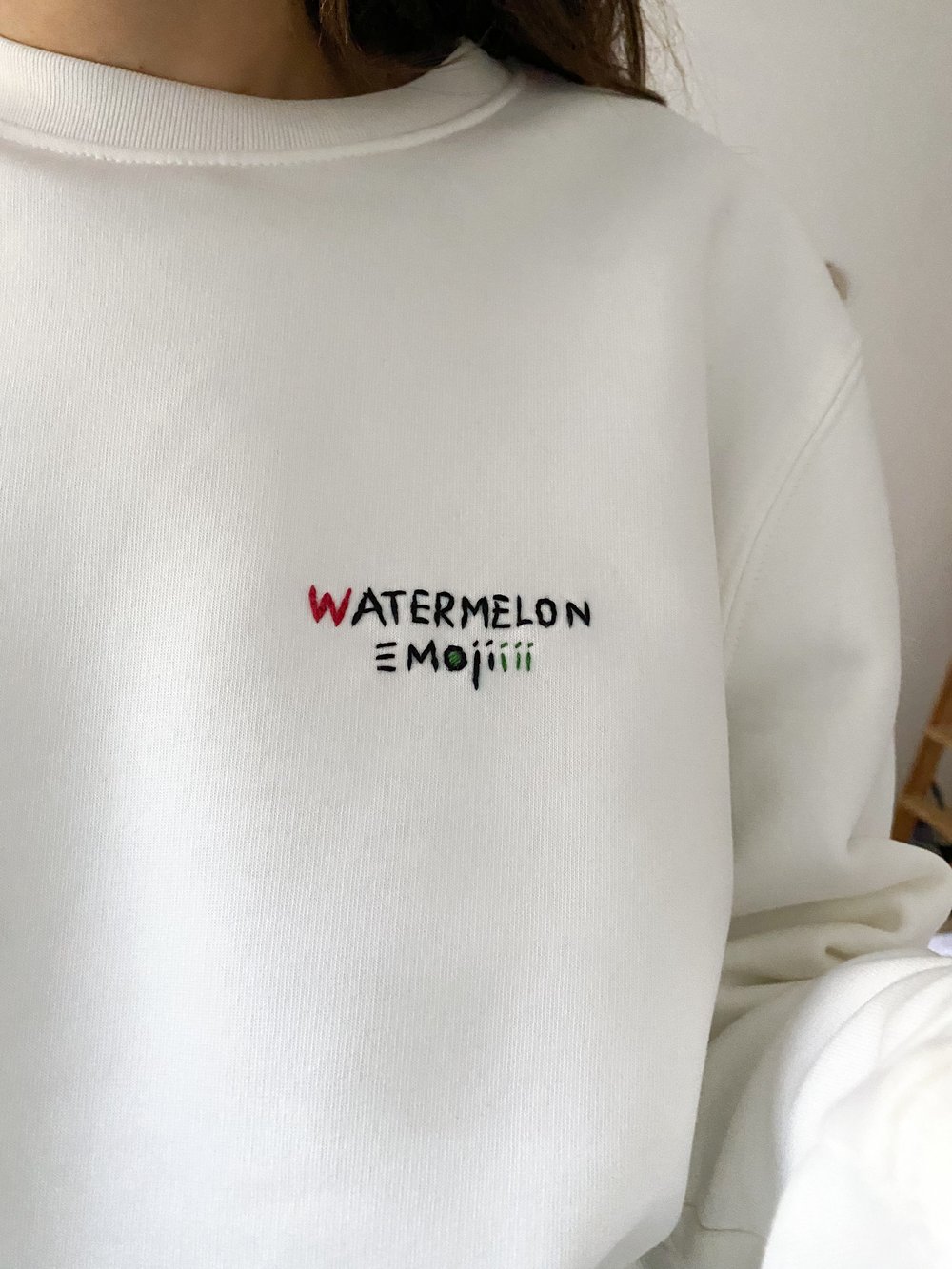 Image of Watermelon emoji - hand embroidered sweatshirt, available in all sizes, unisex, organic cotton