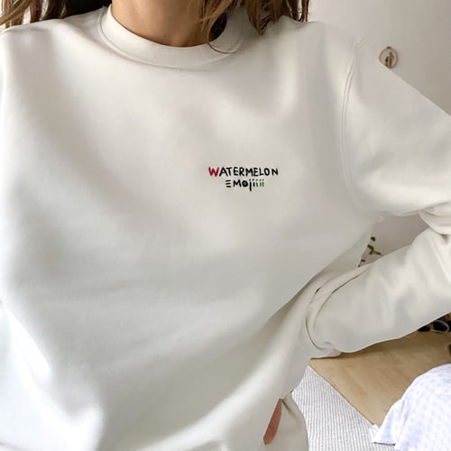 Image of Watermelon emoji - hand embroidered sweatshirt, available in all sizes, unisex, organic cotton