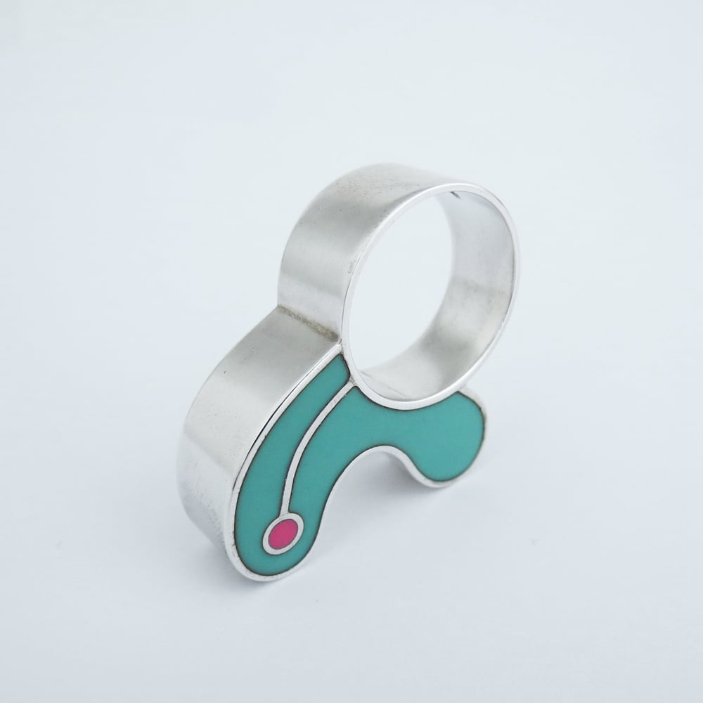 Image of Half Biomorph Ring, Green/Turquoise with Pink Dot