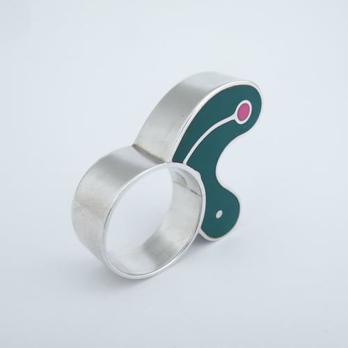 Image of Half Biomorph Ring, Green/Turquoise with Pink Dot