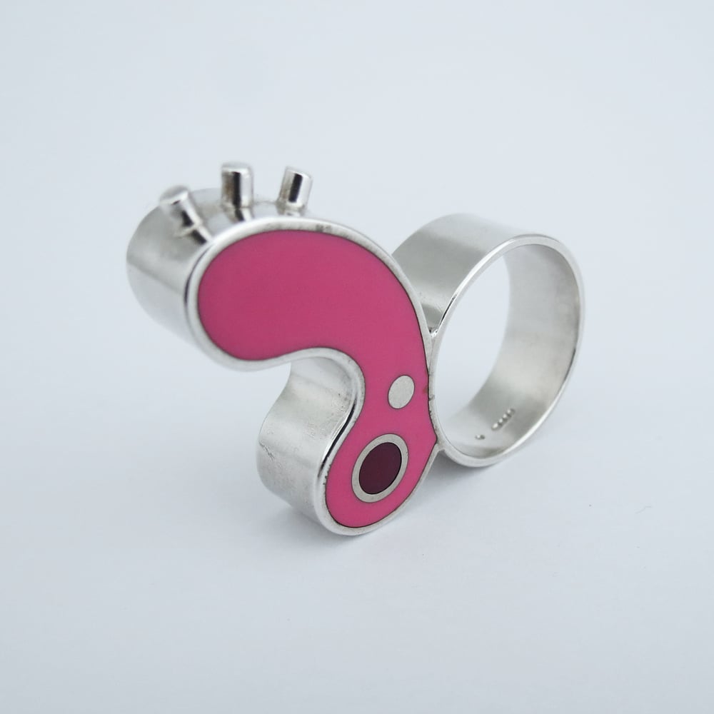 Image of Half Biomorph Ring, Pink/Green with Plum Dot