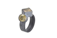 Image 1 of Silver Strata ring with a round and square rutile quartz, set in oxidized silver. 