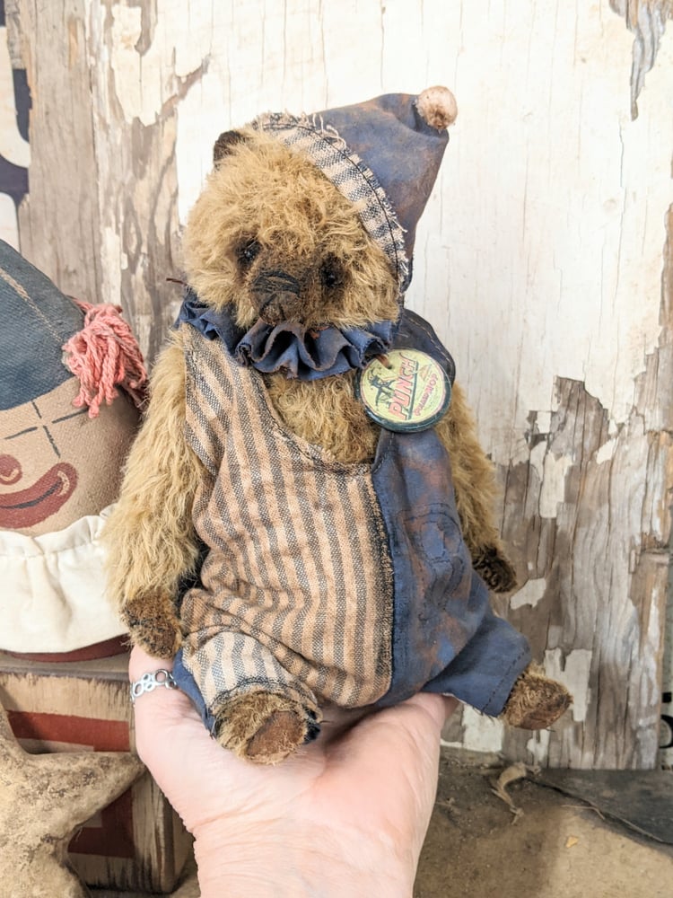 Image of PUNCH - 9" Vintage Mohair Carnival Teddy Bear w/ aged romper outfit by Whendi's Bears