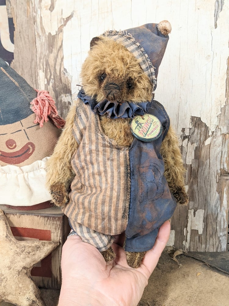 Image of PUNCH - 9" Vintage Mohair Carnival Teddy Bear w/ aged romper outfit by Whendi's Bears