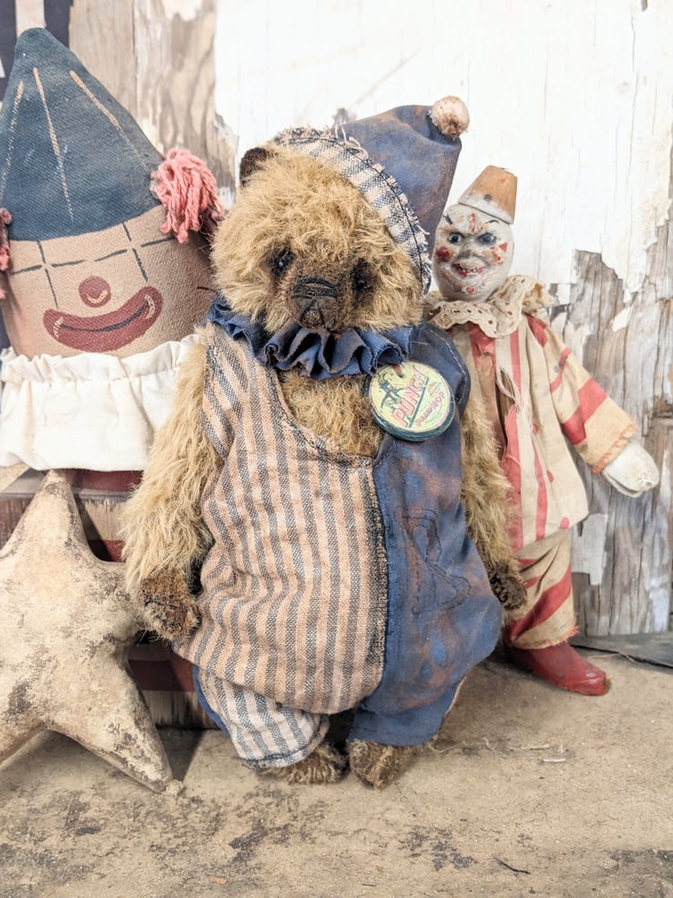 Image of PUNCH - 9" Vintage Mohair Carnival Teddy Bear w/ aged romper outfit by Whendi's Bears